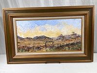 Full view of the original oil painting in its wood mid-century modern style frame.