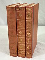Front view of three vintage books showing leather spines and cloth covers, titles legible