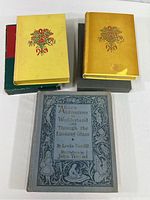 Three vintage Alice in Wonderland books with two yellow Heritage Press editions with floral covers and one blue-grey illustrated edition.