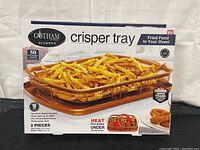 Photo of the Gotham Diamond crisper tray box showing product image with fries in the tray and packaging details.