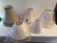 Eight lampshades displayed on a table, five visible clearly showing size variation and packaging.