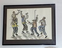 Framed watercolor showing five dancing Jewish men, one with a child on his shoulders holding a bird, captured indoors against a white wall.