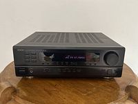 Front view of receiver, showing power button, display, control buttons, volume knob