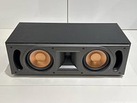 Front view with grille removed showing two copper-colored woofers and central horn tweeter