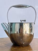 Front view of the shiny stainless steel teapot showing reflective surface, handle, and spout.