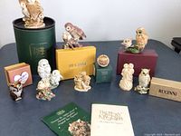 Group photo of all 10 collectible owl figurines displayed on table with original boxes and certificates from Harmony Kingdom and Rucinni.