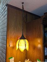 Full view of the hanging lamp lit on, showing the amber tulip shaped glass shade and chain hanging from ceiling.