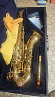 Alto saxophone body, neck, and cloth laid in case