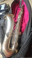 Full tenor saxophone body laid in soft gig bag with visible keys and bell.