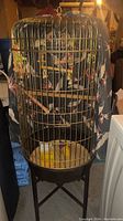 Full view of large round metal bird cage on stand with multiple perches inside and feeding dishes at bottom.