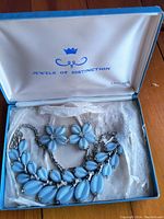 Photo showing the light blue ribbed lucite necklace and floral clip-on earrings inside the padded presentation box.