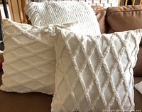 Two cream throw pillows with textured cross pattern and inserts on couch.