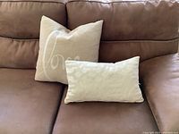 Two throw pillows shown on brown couch: one tan 22x22 pillow with white 'love' script and one smaller cream 22x10 pillow with texture pattern, both with inserts.