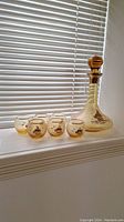 Frosted glass decanter and five matching small glasses with ship and seagull design on a window sill.