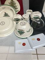 Image showing Spode stone china items including serving bowls, heart-shaped container, two rectangular hot plates in original packaging, and glass bowl.