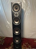 Front view of Polk tower speaker showing its full height and four drivers with port.