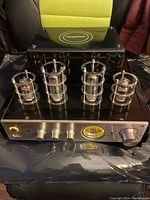 Front angled view of amplifier showing four vacuum tubes and front panel