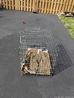 Front-side view of a metal wire dog crate placed outdoors with beige cushioning inside and a metal water bucket attached to the side.