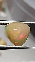 Close-up photo of a trillion cabochon natural Ethiopian opal showing internal play-of-color with red and green flashes held by tweezers.