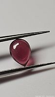 Pear-shaped cherry red garnet cabochon held by tweezers on white background