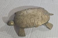 Brass turtle trinket box showing the outer shell with engraved hexagonal pattern and some surface wear.