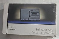 Optimus CTR-117 cassette recorder box with image of device and specifications showing full auto-stop and voice activated features.