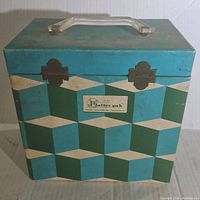 Front view of the vintage Platter Pak case with geometric cube pattern and label.