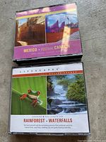 Top view showing two CD cases: Mexico Festival Cancun with festival and beach images; Rainforest-Waterfalls with nature images including red frog and waterfalls.