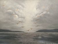 Front view of the framed painting showing abstract ocean and seagulls in cloudy sky.