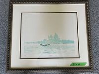Front view of framed watercolor print featuring Venice Italy with gondola and domed buildings, signed and numbered by Robert King.