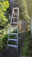 Full view of the 8-foot aluminum step ladder outdoors, showing A-frame stance and height.