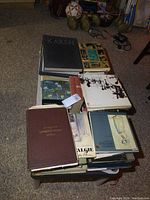 Photo of stacked art books showing titles like Karsh, loose islands book, and illustration and watercolor painting books.