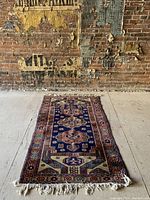 Top-down full view of rug showing entire pattern, colors and fringe against painted wooden floor and brick wall background