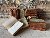 Photo showing the overall set of antique books with marbled paper and leather bound spines with gilt details on the spine and edges.