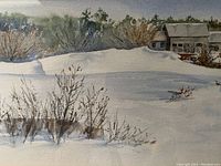 Close-up showing detailed brushwork of snow-covered landscape with bushes and buildings in the distance, signed lower left.