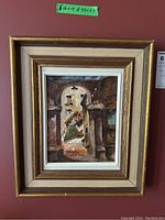 Overall view of framed painting against wall with size label above