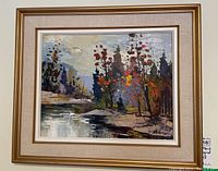 Frontal view of the oil painting in wood frame hanging on wall