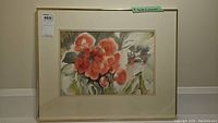 Framed watercolour painting showing the entire artwork with matting and frame, highlighting the floral subject and overall presentation.