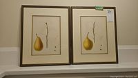 Two matching framed botanical fruit prints side by side on a wall, each with beige mat and gold-tone frame, showing pear illustrations.