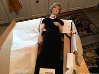 Full view of the Princess Diana doll lying in the open box wrapped with white tissue paper showing the full figure and black base.