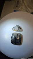 Two black rutilated quartz cabochons on white circular surface, illuminated to highlight inclusions