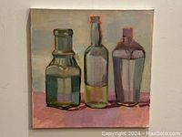 View of original painting showing all three glassware pieces on canvas with natural lighting, highlighting painting texture and color palette.