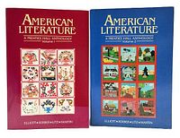 Front covers of the two softcover books, Volume 1 (red) and Volume 2 (blue) of American Literature: A Prentice Hall Anthology, showing cover illustrations and editor credits.