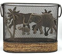 Front view showing metal mesh bin with embossed elephant and palm tree design, dark bronze metallic finish, wrapped rope border and ring handles.