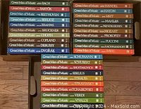 Thirty box set spines arranged in three rows on wood floor