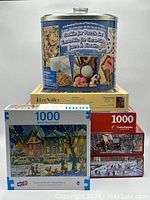 All six puzzle items with five boxed puzzles stacked and Cookie Jar Puzzle Set tin on top