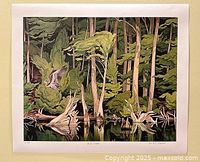 Full view of the Blue Heron print showing the heron, tree line and reflections.