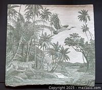 Front view of the decorative pillow cover showing the jungle scene with bird and leopard in green print on cream fabric.