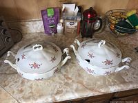 Two white ceramic soup tureens with floral pattern, lids on, sitting on kitchen counter