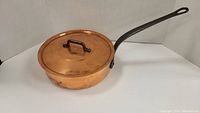 Copper pot with lid placed upright showing external copper finish and black handle with loop.